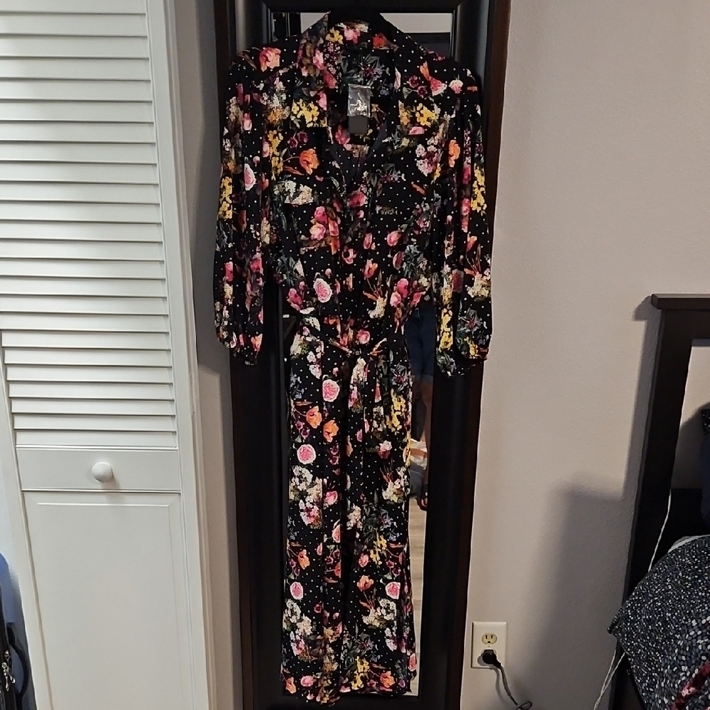 Torrid Tea Length Studio Refined Woven Shirt Dress- Black Floral Size 1/1X/14-16